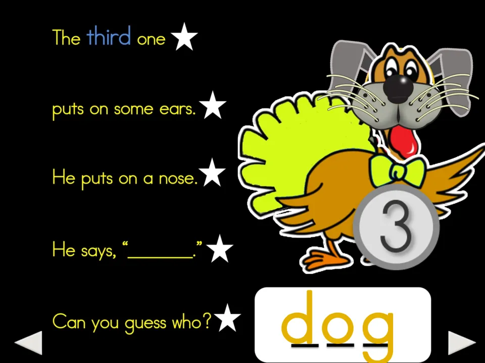 Fifth poem slide: the third turkey adds dog ears and a nose, with an animal-sound blank and the word 'dog'