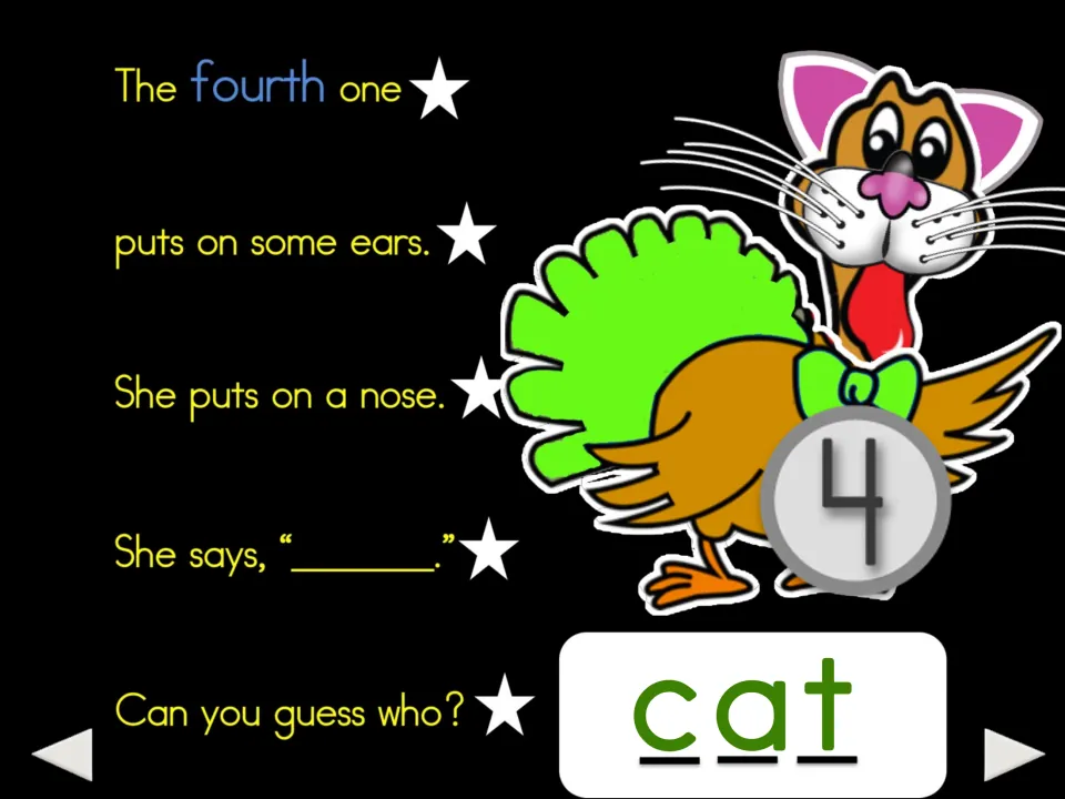 Sixth poem slide: the fourth turkey adds cat ears and a nose, with an animal-sound blank and the word 'cat'