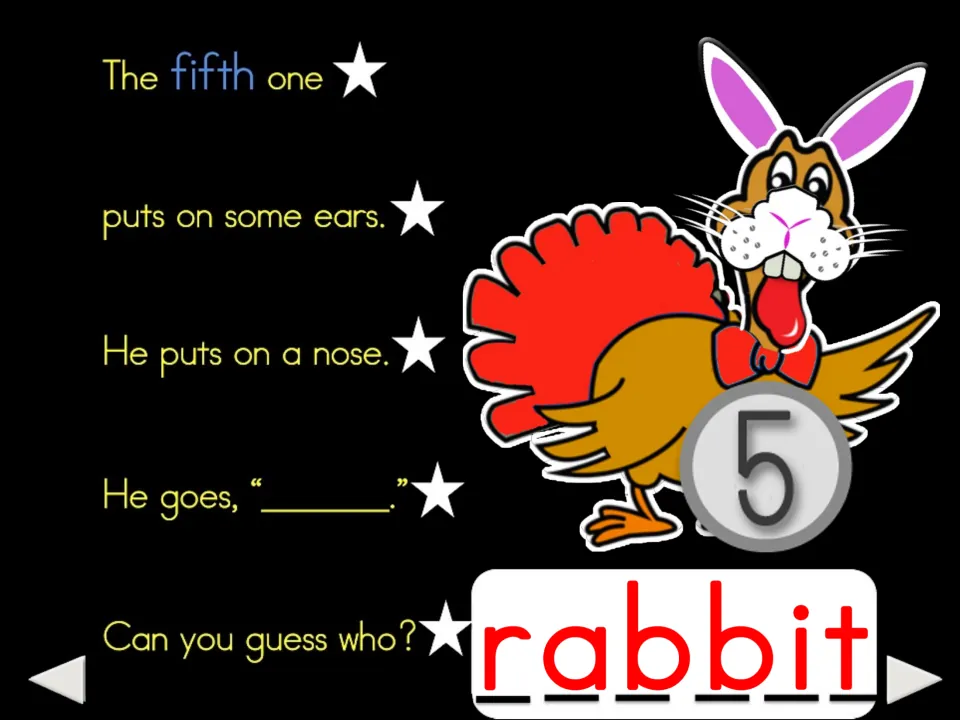 Seventh poem slide: the fifth turkey wears rabbit ears and a nose, with 'He goes,' a blank, and 'rabbit'