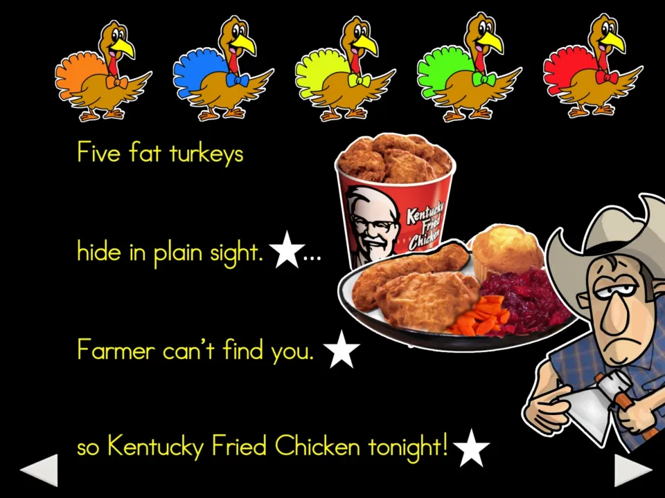 Final poem slide: five turkeys hide in plain sight, and the farmer has Kentucky Fried Chicken for dinner