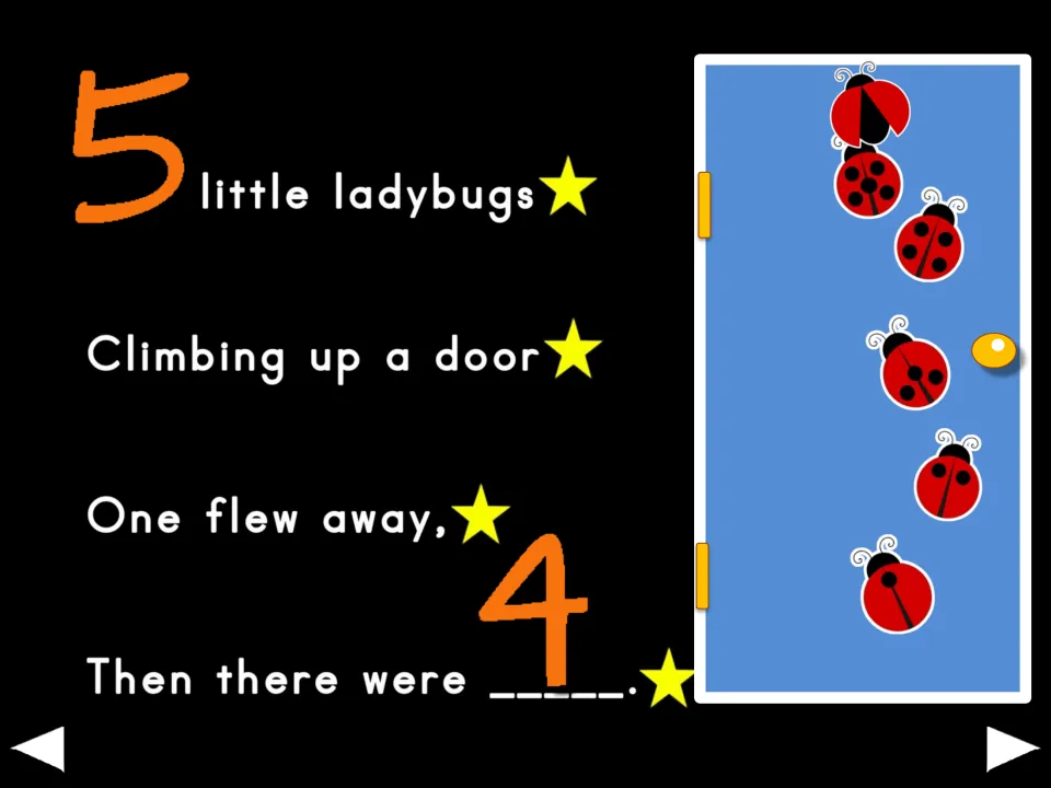 First poem verse: five little ladybugs climb up a door; one flies away, and the remaining number is four