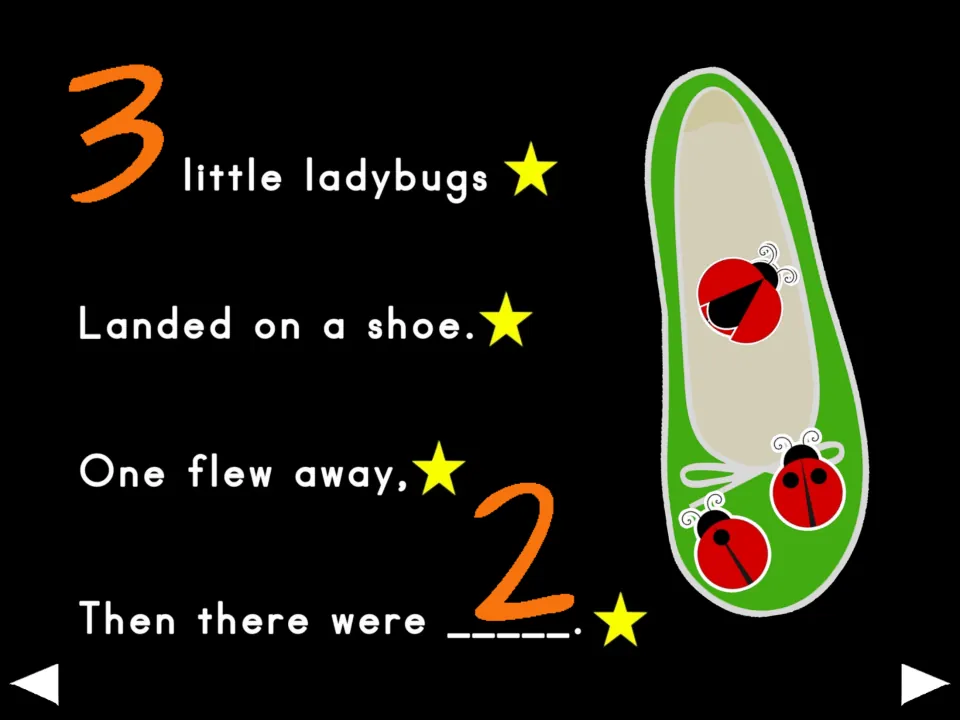 Third poem verse: three little ladybugs land on a shoe; one flies away, and the remaining number is two