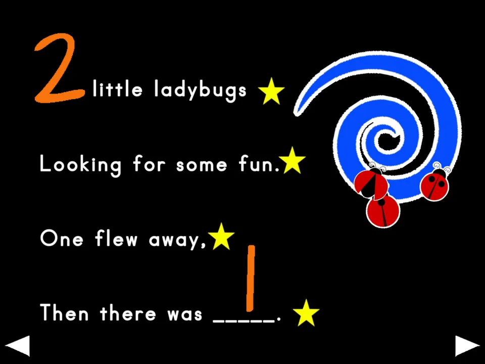 Fourth poem verse: two little ladybugs look for some fun; one flies away, leaving one little ladybug