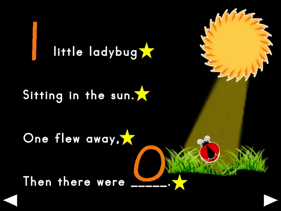 Final poem verse: one little ladybug sits in the sun, then flies away; zero ladybugs remain at the end