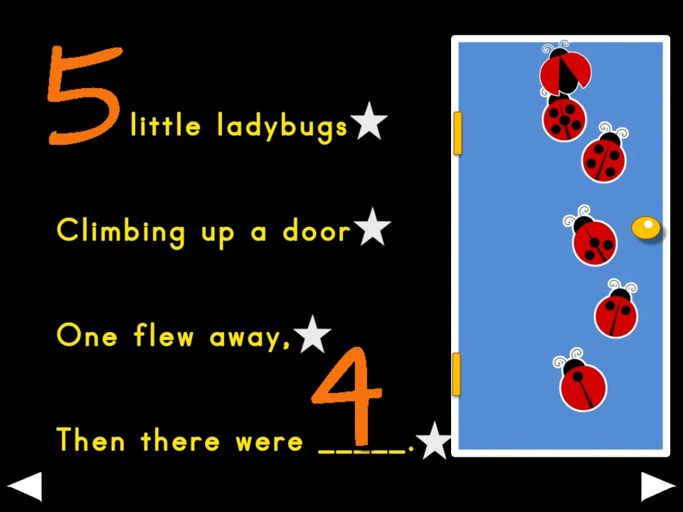 Alternate first verse in yellow text: five ladybugs climb up a door, and one flies away, leaving four