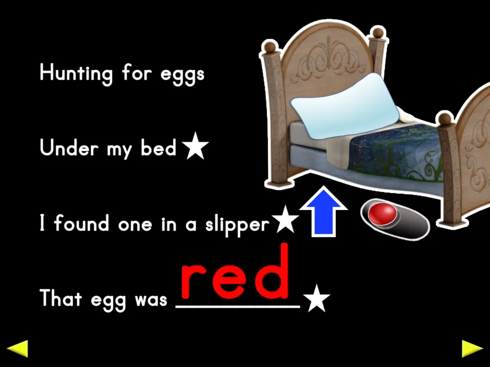 First egg-hunting verse: an egg is found in a slipper under the bed, and the missing color word is red