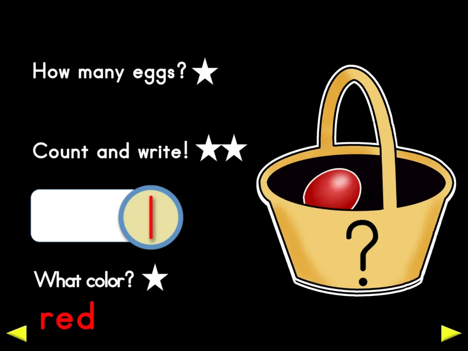 First counting review in the poem shows one red egg in a basket, the numeral 1, and the color word red