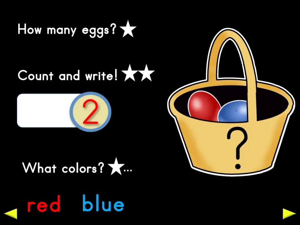 Second counting review in the poem shows two eggs in a basket, the numeral 2, and the color words red and blue