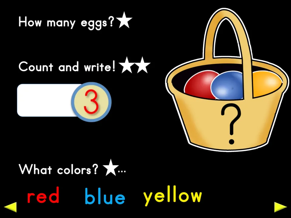 Third counting review in the poem shows three eggs, the numeral 3, and the color words red, blue, and yellow
