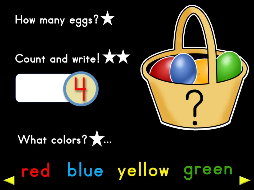 Fourth counting review in the poem shows four eggs, the numeral 4, and color words red, blue, yellow, and green