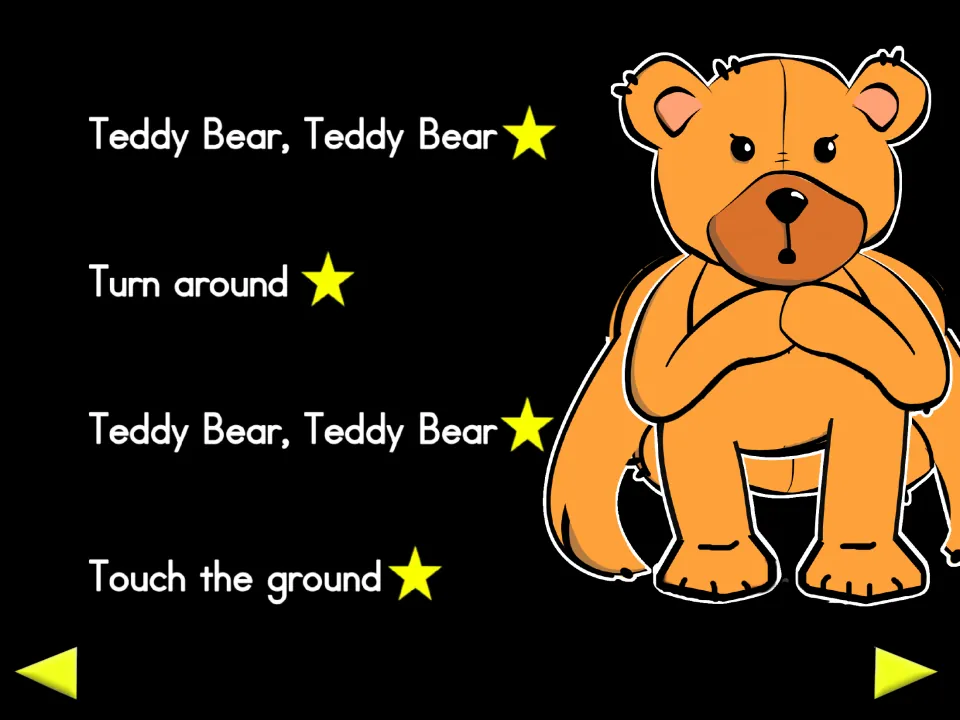 Animated poem slide pairing the repeated bear refrain with “Turn around” and “Touch the ground” actions