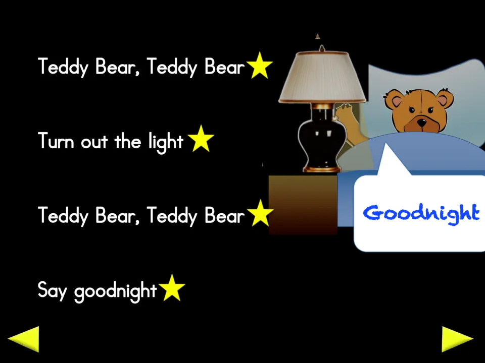 Animated poem slide for “Turn out the light” and “Say goodnight,” showing the bear in bed beside a lamp