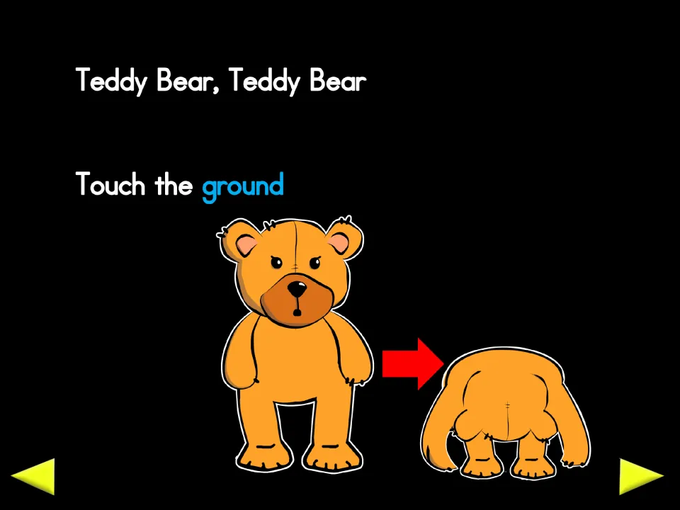 Non-animated poem review slide for “Touch the ground,” showing the bear standing and bending toward its feet