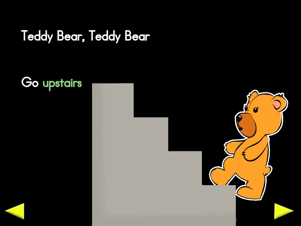 Non-animated poem review slide for “Go upstairs,” showing the bear lifting one foot onto the staircase