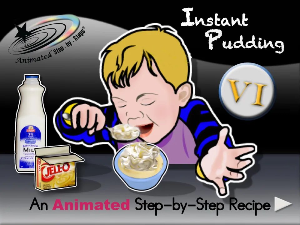 Cover of Instant Pudding VI, an animated step-by-step recipe, showing a child eating pudding from a bowl