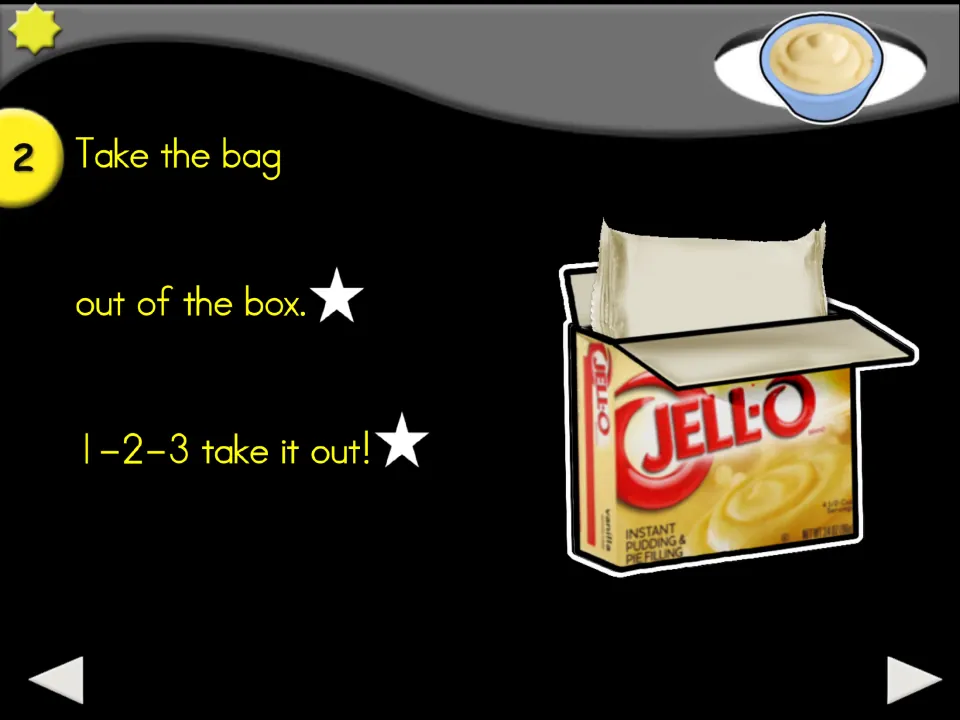 Recipe step 2: take the bag out of the pudding box, illustrated by a bag extending from the open box