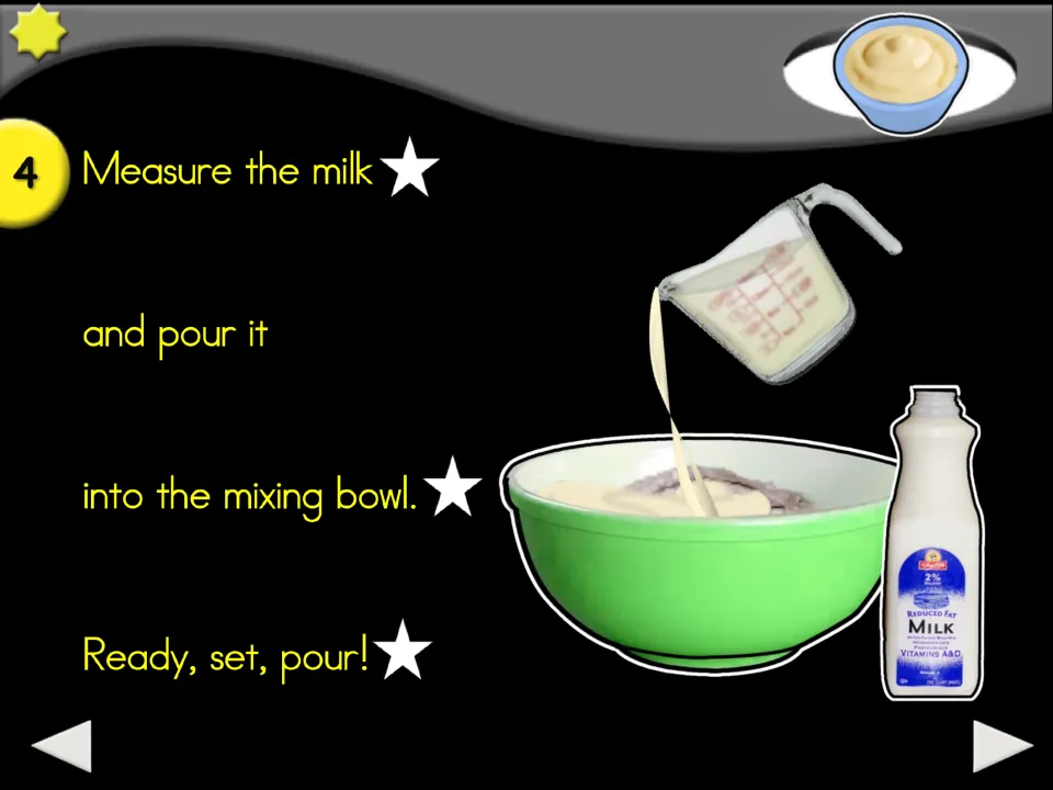 Recipe step 4: measure the milk and pour it into the mixing bowl, illustrated by a tipped measuring cup