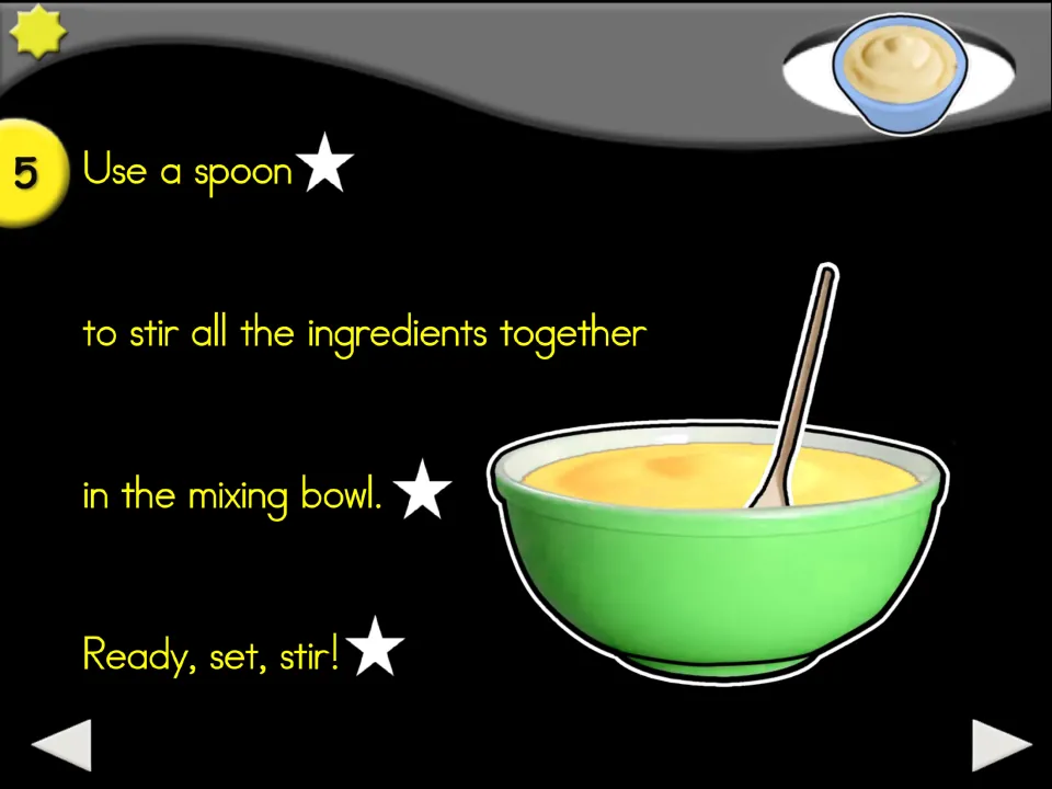 Recipe step 5: use a spoon to stir all the ingredients together in the mixing bowl; 'Ready, set, stir!'