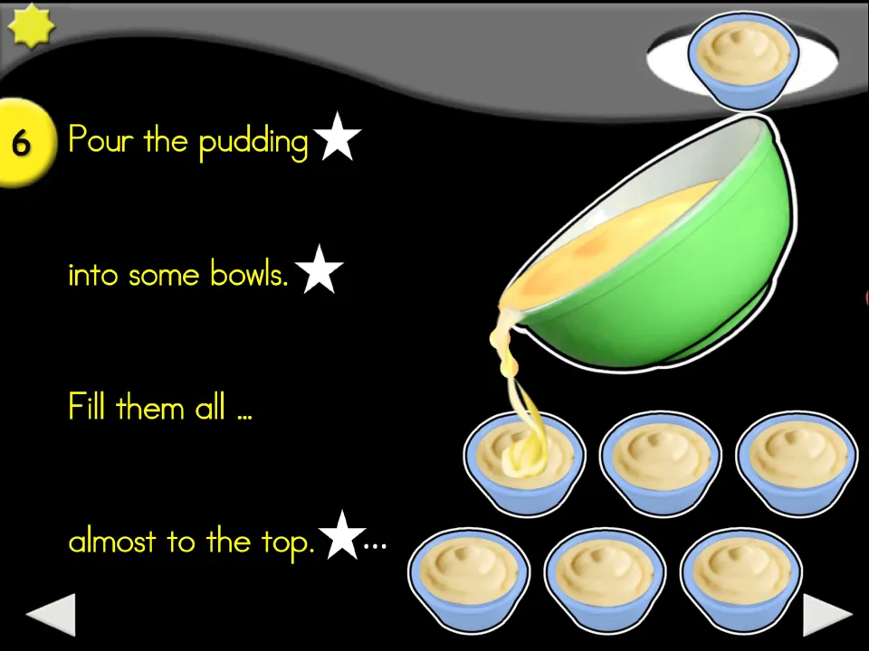 Recipe step 6: pour the pudding into bowls and fill them almost to the top; six serving bowls are shown