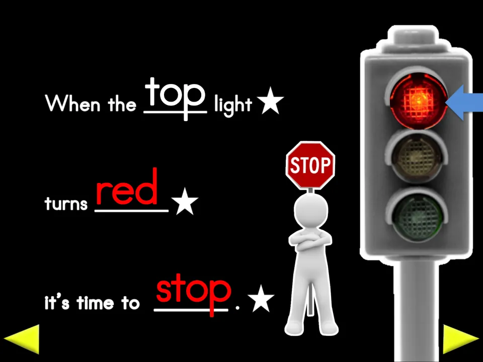 Traffic light lesson states, 'When the top light turns red it’s time to stop,' beside a red signal.