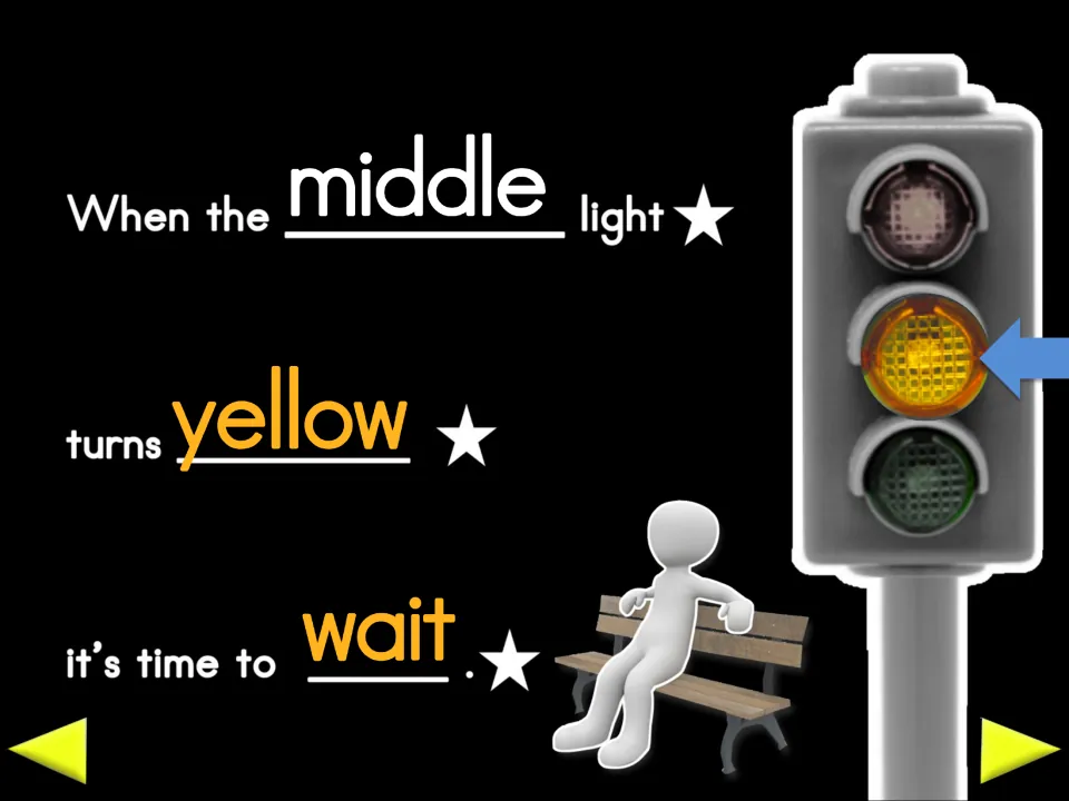 Traffic light lesson states, 'When the middle light turns yellow it’s time to wait,' beside a yellow signal.