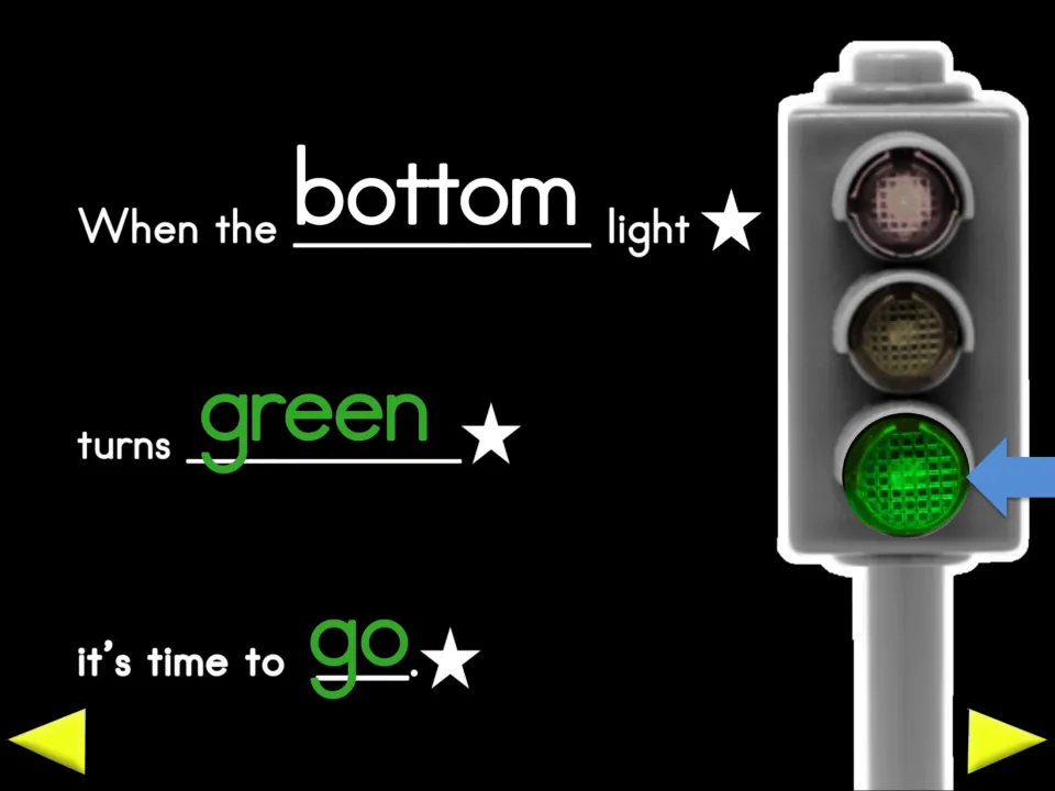 Traffic light lesson states, 'When the bottom light turns green it’s time to go,' beside a green signal.