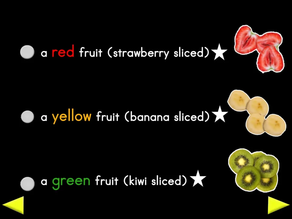 Recipe fruit list specifies sliced strawberry for red, sliced banana for yellow, and sliced kiwi for green.