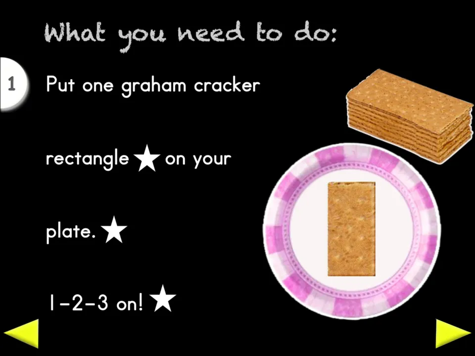 Recipe step 1 directs students to put one graham cracker rectangle on their plate, followed by '1-2-3 on!'