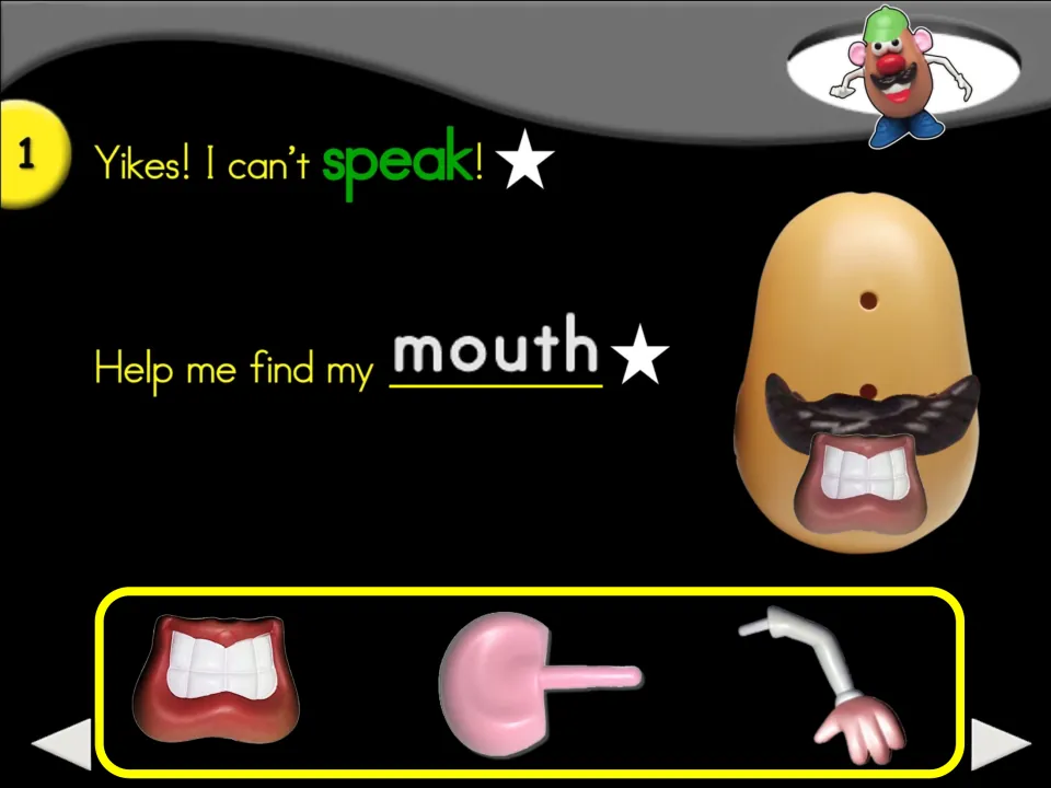 Story step 1 says 'Yikes! I can’t speak!' and asks for a mouth, with mouth, ear, and arm picture choices