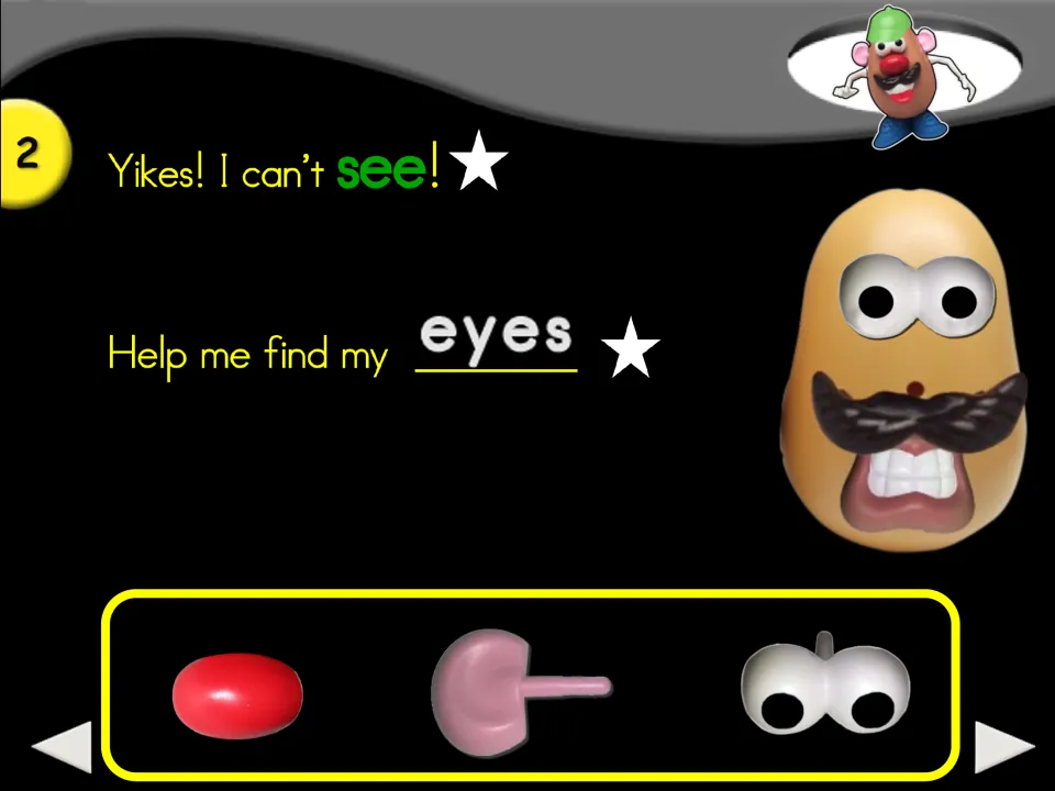 Story step 2 says 'Yikes! I can’t see!' and asks for eyes, with a nose, an ear, and eyes as picture choices