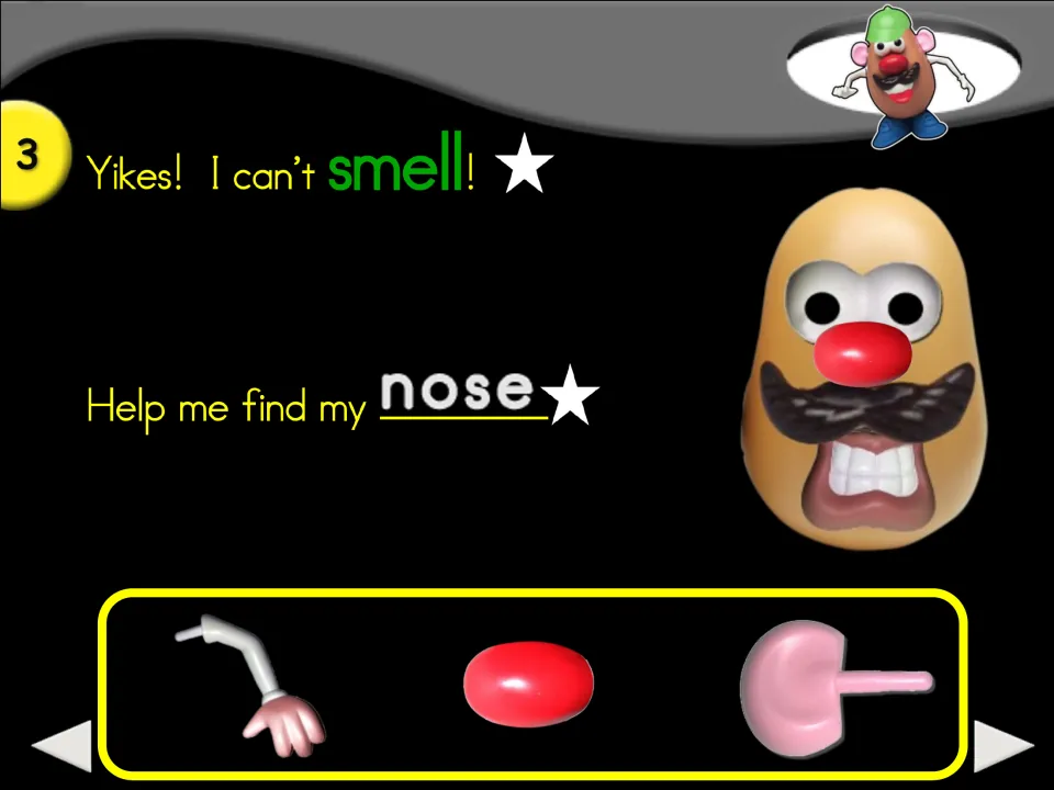 Story step 3 says 'Yikes! I can’t smell!' and asks for a nose, with arm, nose, and ear picture choices
