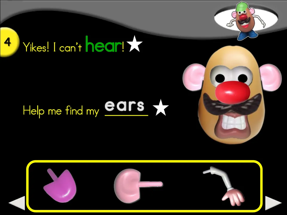 Story step 4 says 'Yikes! I can’t hear!' and asks for ears, with tongue, ear, and arm picture choices