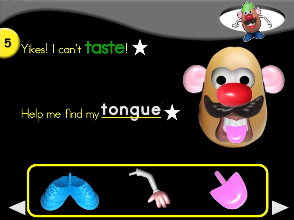 Story step 5 says 'Yikes! I can’t taste!' and asks for a tongue, with shoes, arm, and tongue picture choices