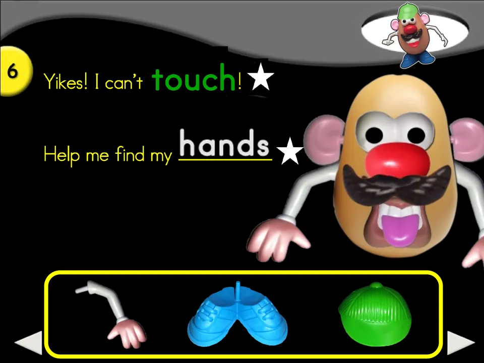 Story step 6 says 'Yikes! I can’t touch!' and asks for hands, with an arm, shoes, and a hat as choices
