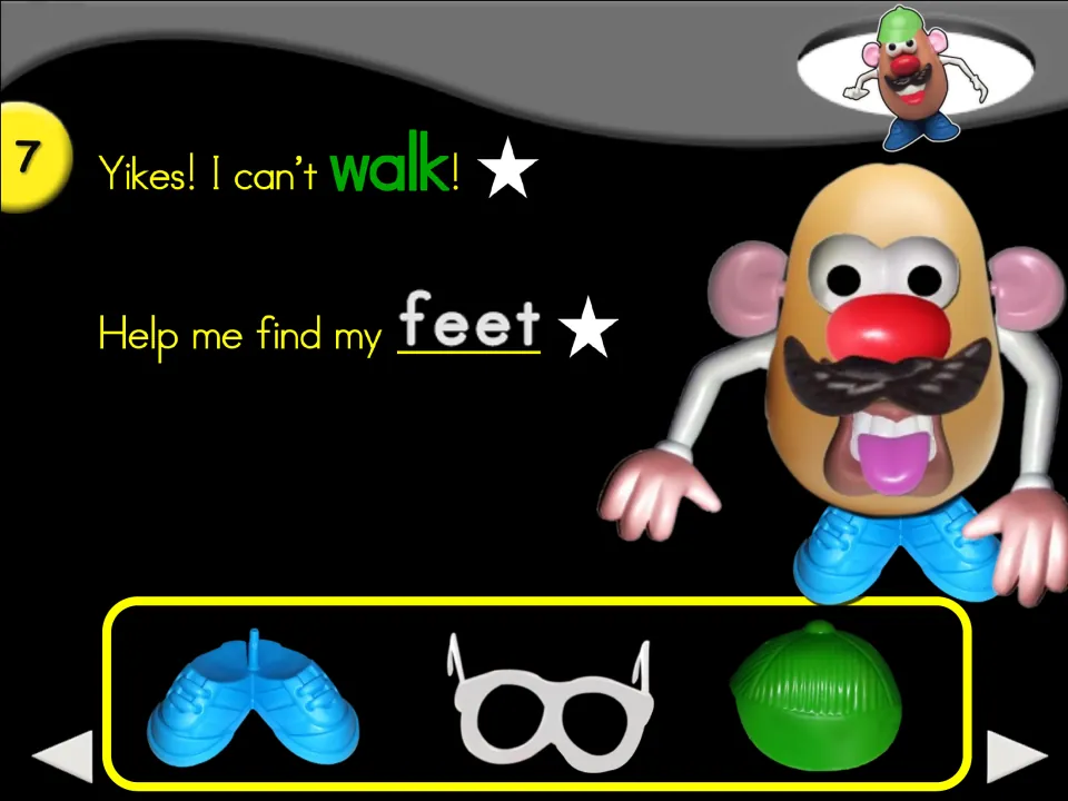 Story step 7 says 'Yikes! I can’t walk!' and asks for feet, with shoes, glasses, and a hat as choices
