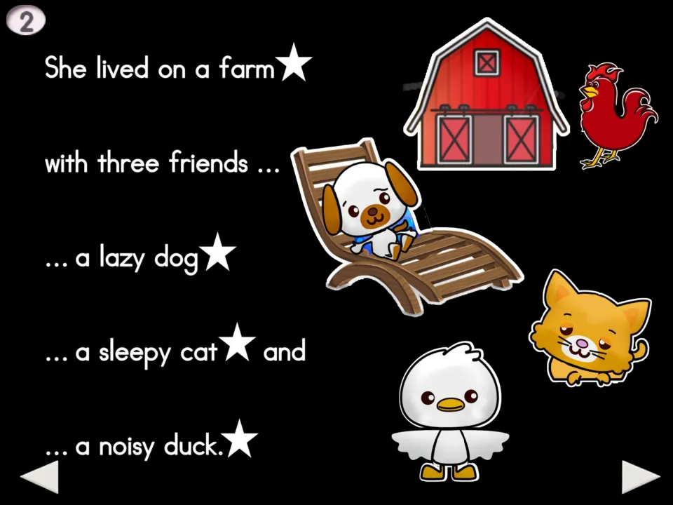 Story page 2 introduces the hen’s three farm friends: a lazy dog, a sleepy cat, and a noisy duck
