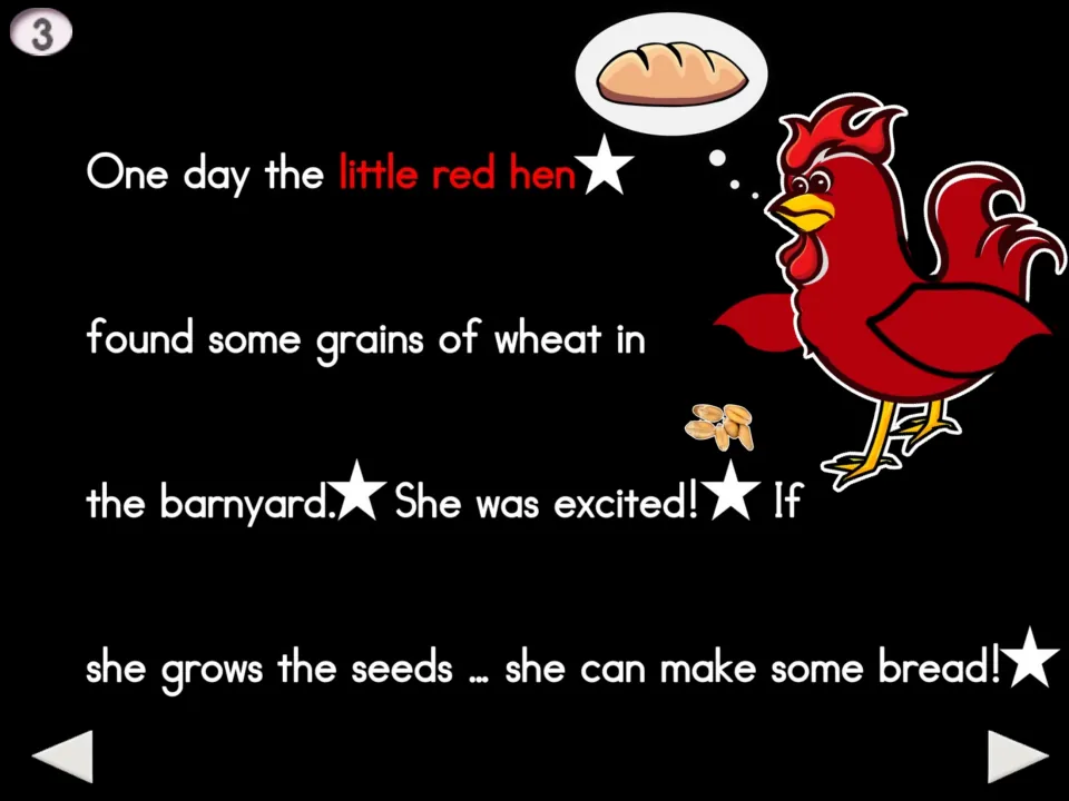 Story page 3: The hen finds grains of wheat in the barnyard and realizes she can grow seeds to make bread