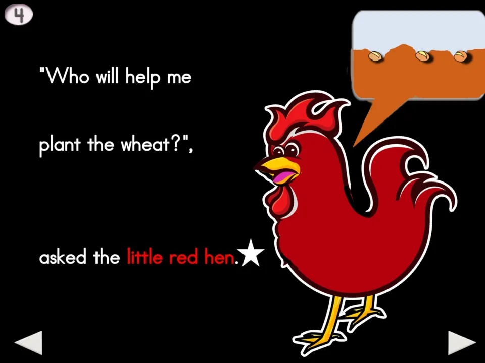 Story page 4: “Who will help me plant the wheat?” asks the hen, illustrated beside seeds in the soil