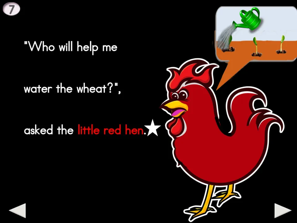 Story page 7: “Who will help me water the wheat?” asks the hen, beside a watering can watering seedlings