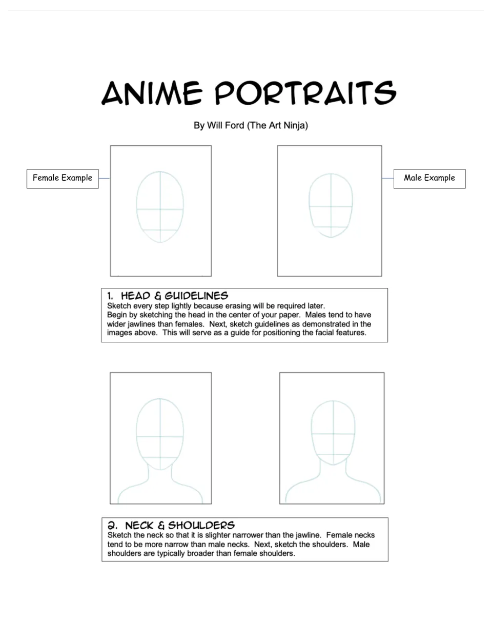 Anime Portraits steps 1–2: sketch the head and guidelines, then add the neck and shoulders using two examples