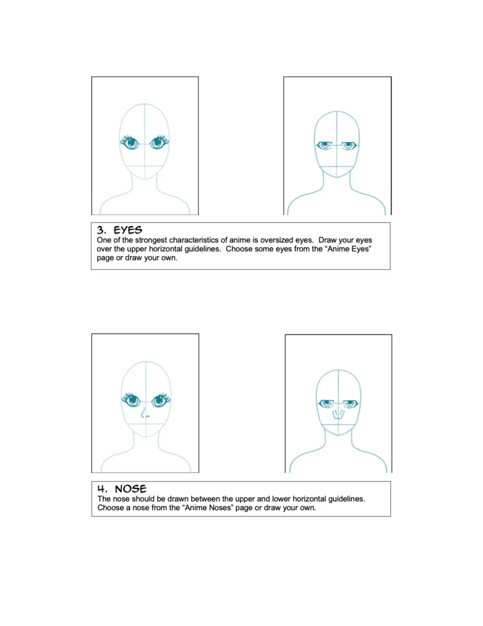 Portrait drawing steps 3–4: position anime eyes and a nose using facial guidelines and two illustrated examples