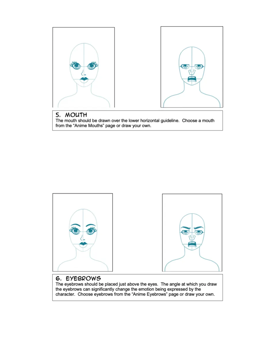 Portrait drawing steps 5–6: add a mouth and eyebrows, using eyebrow angles to change the character's emotion