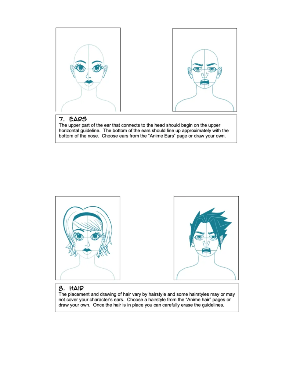 Portrait drawing steps 7–8: place ears beside the face, add an anime hairstyle, and erase the guidelines