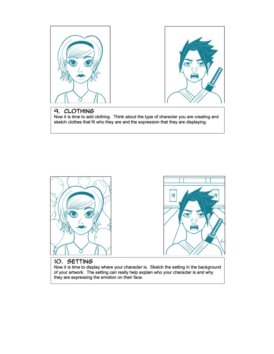 Portrait drawing steps 9–10: add clothing and a background setting that help explain the character and emotion
