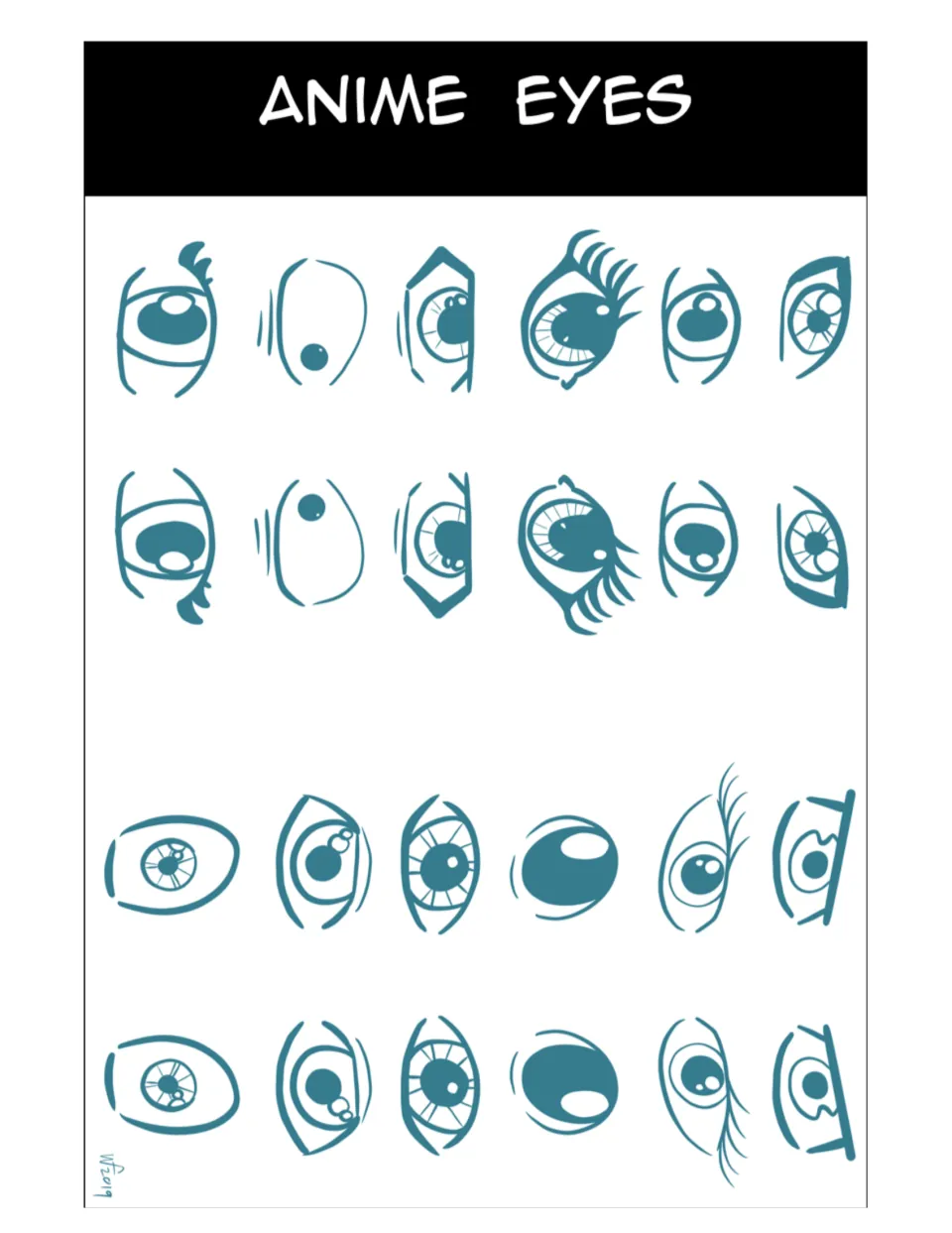 Anime eyes reference sheet for the portrait project, showing paired eye styles with varied pupils and lashes