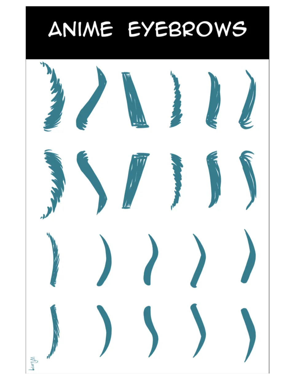 Anime eyebrows reference sheet for the portrait project, showing thick, thin, curved, and angular eyebrow pairs