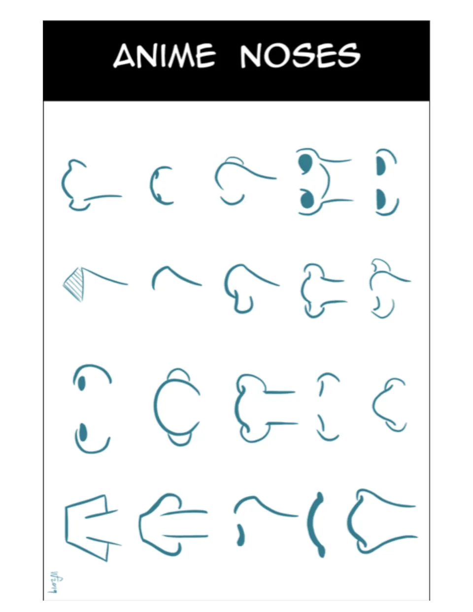 Anime noses reference sheet for the portrait project, showing rounded, pointed, and angular nose designs