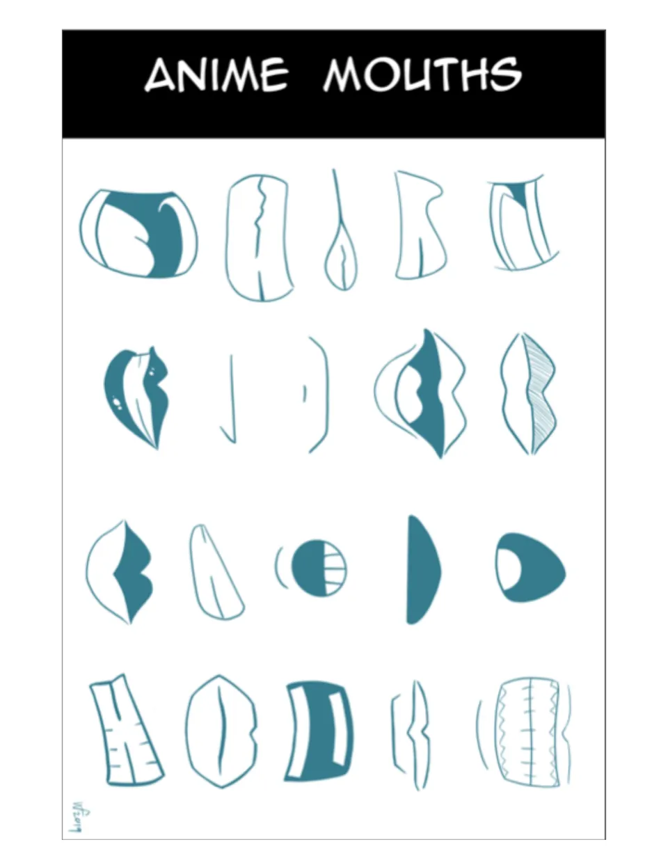 Anime mouths reference sheet for the portrait project, showing open mouths, closed lips, smiles, and teeth