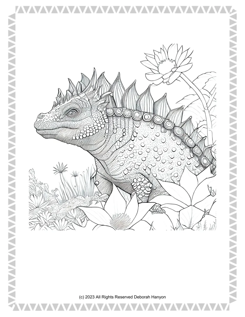 Detailed ankylosaurus colouring page: students colour a spiky, scaly dinosaur among large flowers, ferns and tall grass