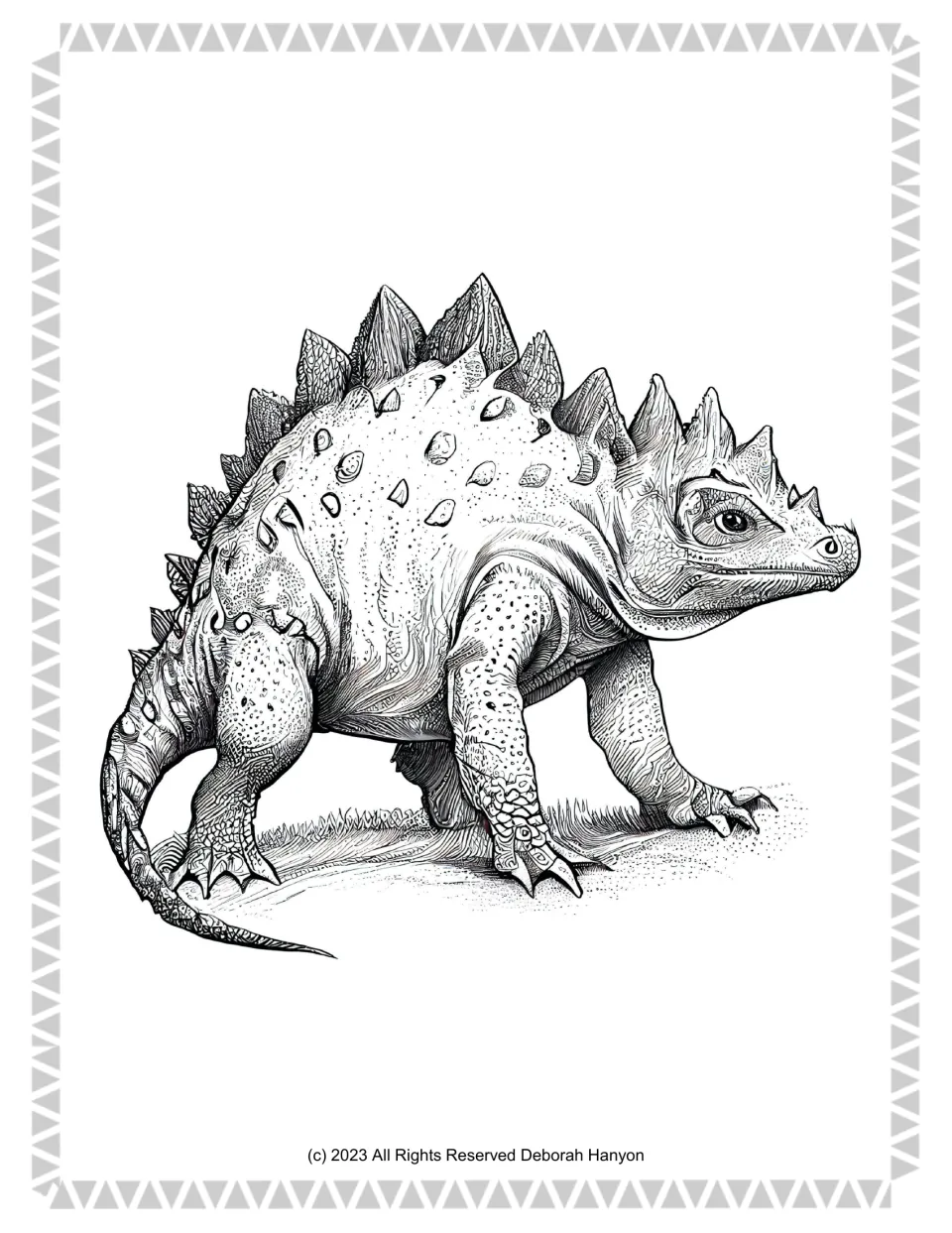 Ankylosaurus colouring page: students colour a finely textured, spiky-backed dinosaur walking on grass with a curved tail